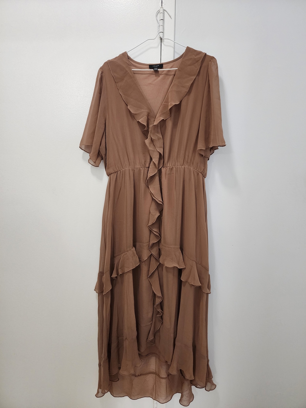 Haver London Ruffle Midi Dress in Brown Size XL/16 Like New